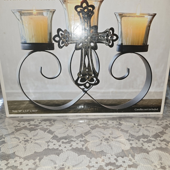 Other - Elegant Black Metal Candle Holder with jewelwed Cross Design